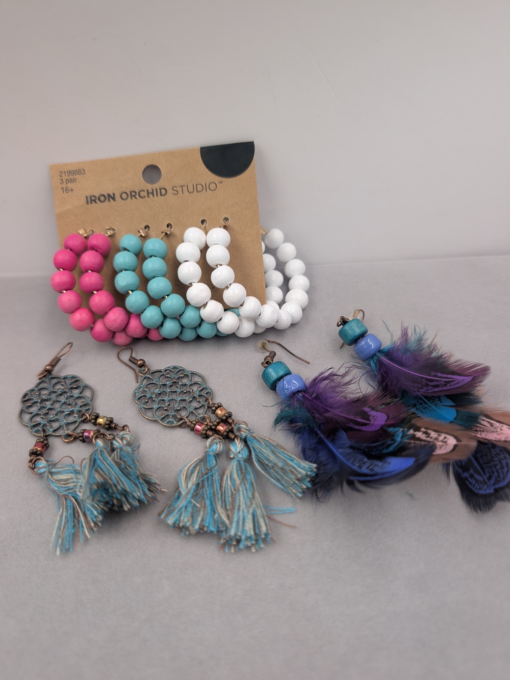 Multi-Color Beaded and Feather Earring Set - Pink, Turquoise, White, Purple